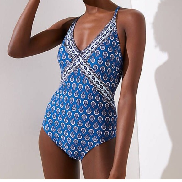 LOFT | Bandana Block Print Swimsuit Medium Blue Bathing Suit Full Coverage - Picture 1 of 6
